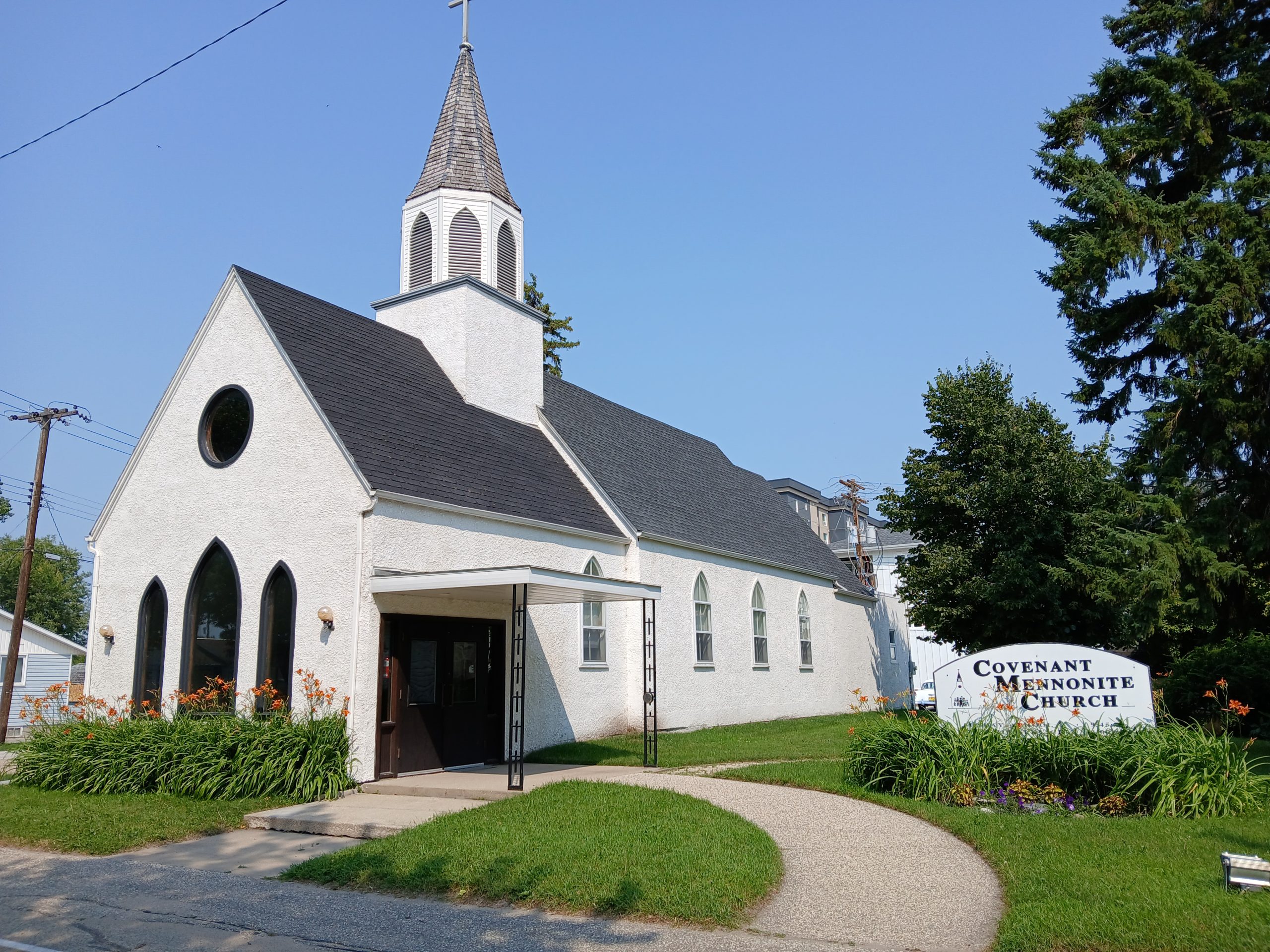 A three-quarter view of the church as seen from 8th St. in Winkler.